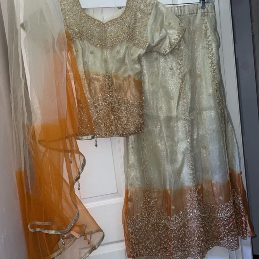 Elegant Gold and Orange Embellished Outfit